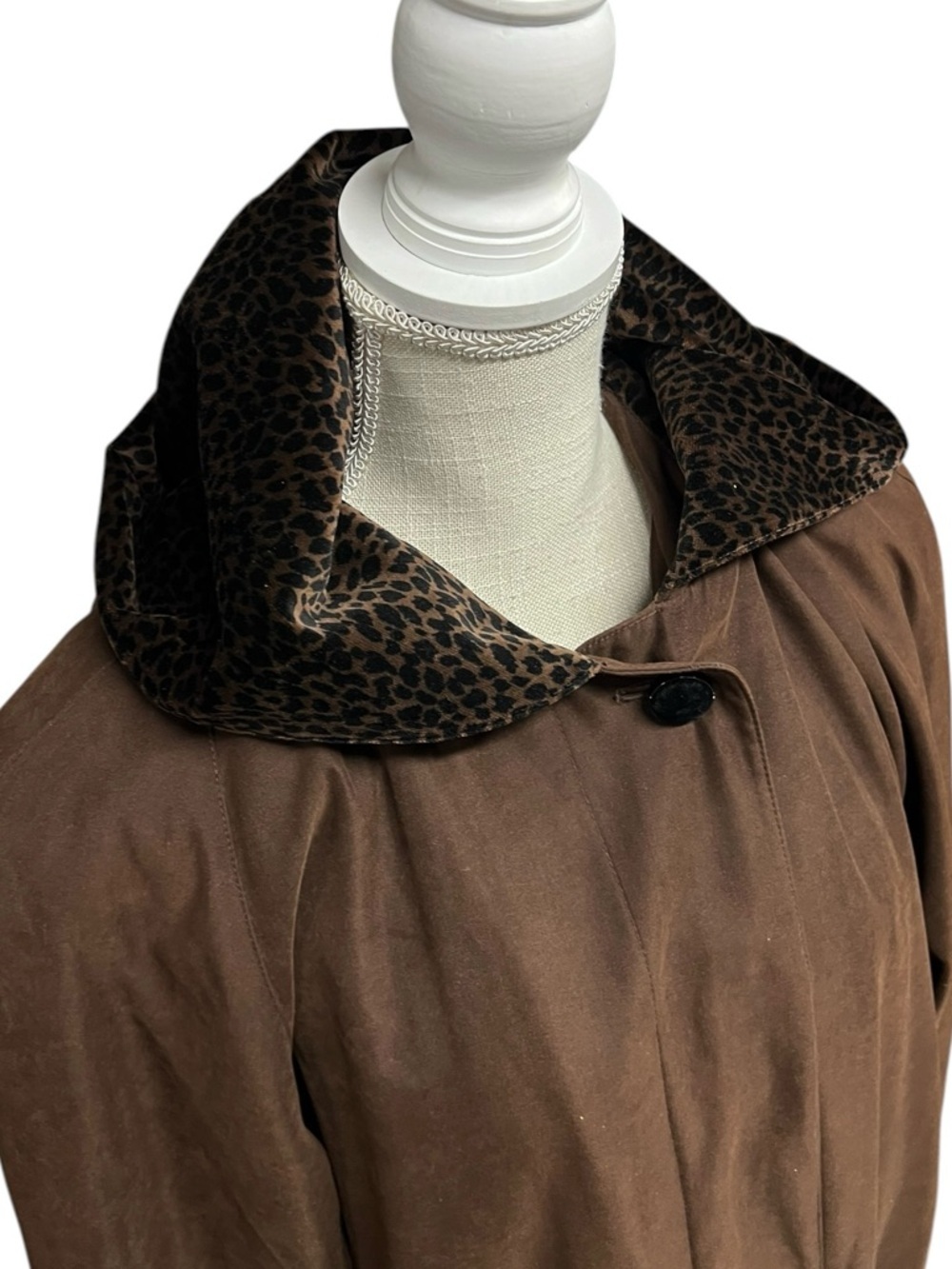 🌻Vintage 90s Gallery Brown Hooded Trench Coat Leopard Print Hood Lining Size 8 - Picture 5 of 10